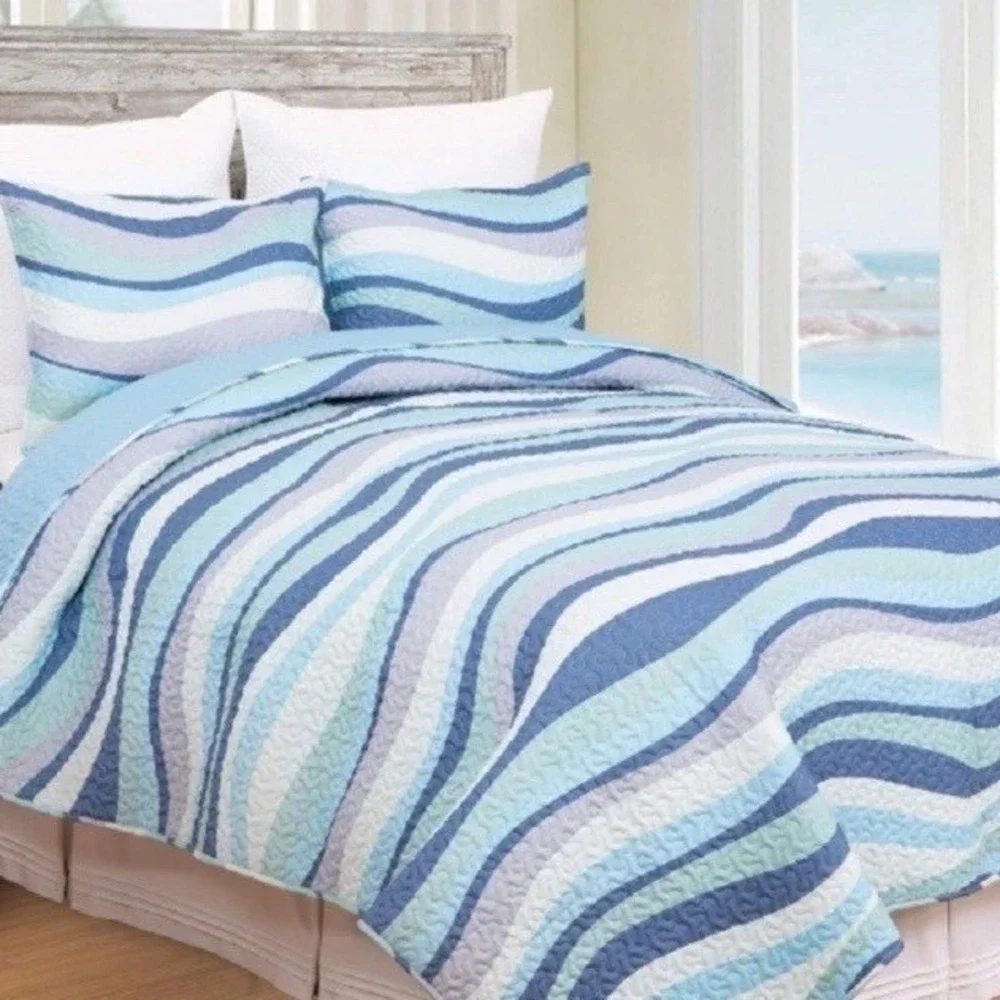 Sea Waves Blue White Quilt Set Twin Ocean Reversible Coastal Comforter Shams